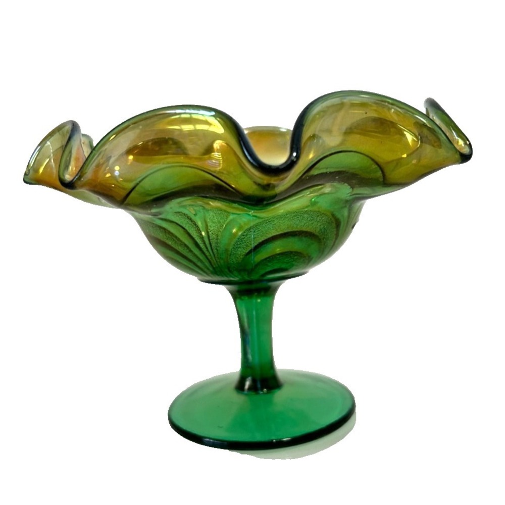 Antique Imperial Glass Scroll Embossed Helios Green Iridescent Compote Foot Bowl